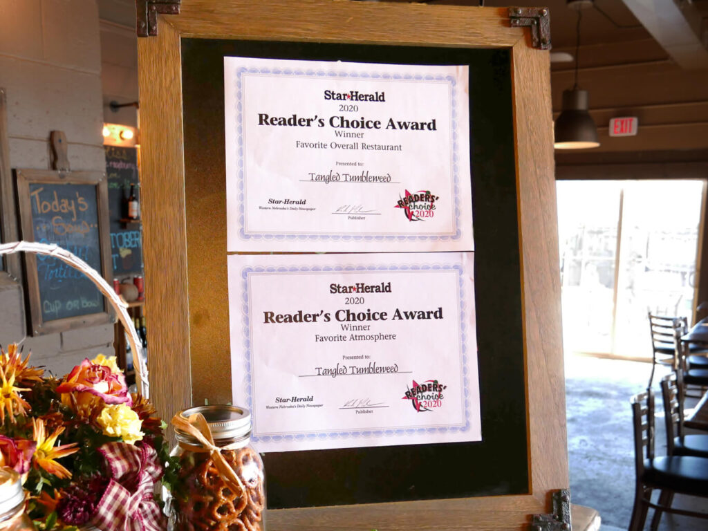 2020 Awards for "Favorite Overall Restaurant" and "Favorite Atmosphere" at The Tangled Tumbleweed